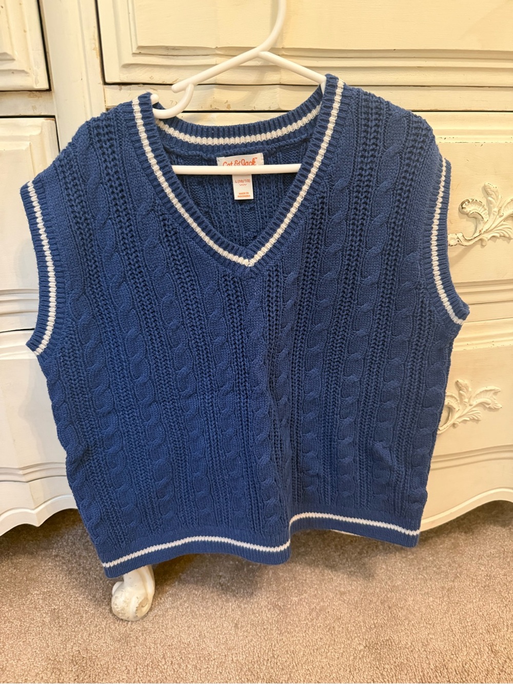 Cat & Jack Blue Cable-Knit V-Neck Sweater Vest with White Trim